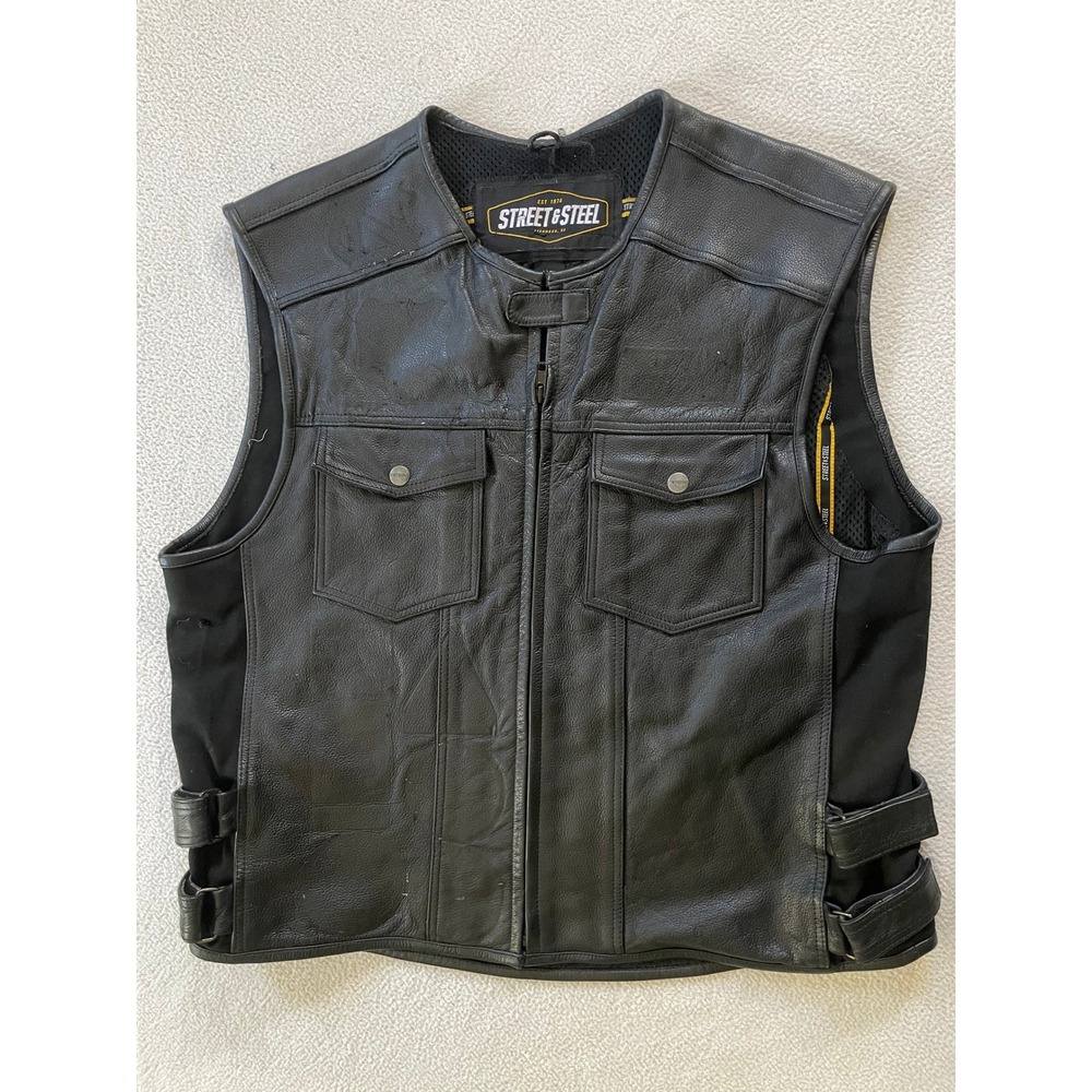 Street & Steel Mens 4XL Leather Motorcycle Vest Black Adjustable Side Straps